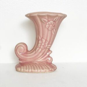 Vintage Shawnee ceramic Pottery Pink Cornucopia Vase Embossed Floral Marked USA